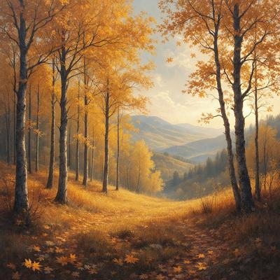 The primary subject of the image is a pathway surrounded by trees, creating a serene and peaceful atmosphere. The setting is a forest with a mountain in the background, adding to the natural beauty of the scene. The visual style is a painting, which showcases the artist's skill in capturing the colors and mood of the environment. The dominant colors are yellow and orange, which are associated with autumn and create a warm, inviting mood.